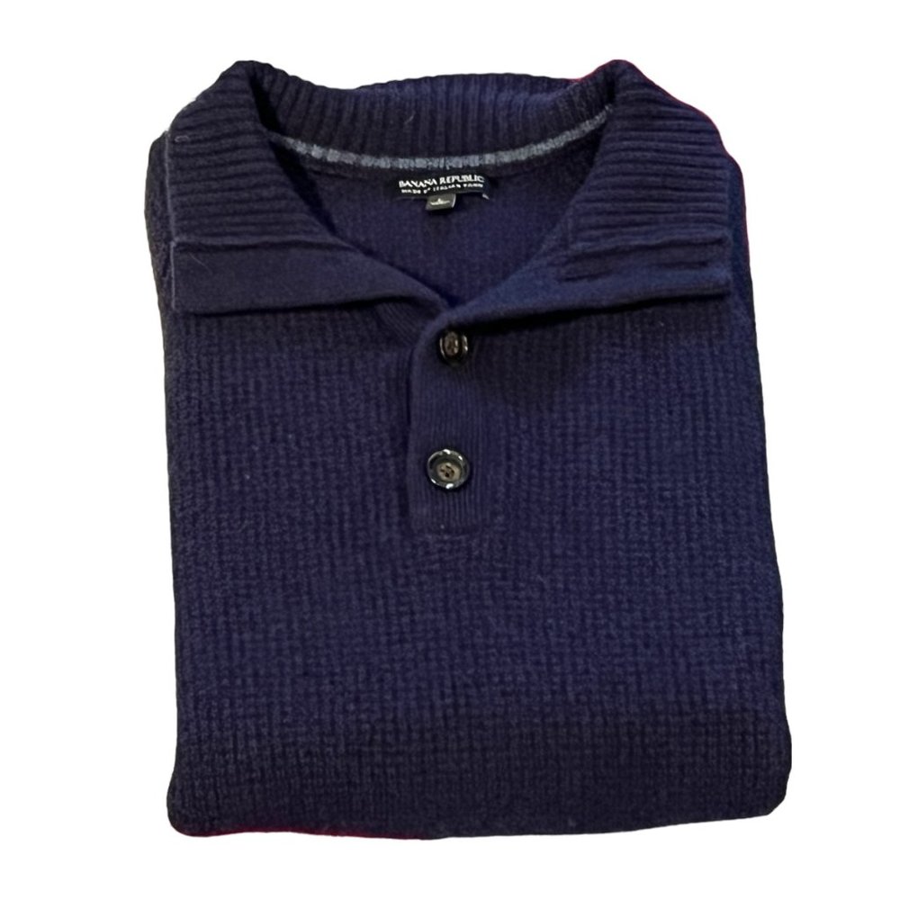 Banana Republic Navy Italian Yarn Quarter Button Collar Knit Sweater Size L